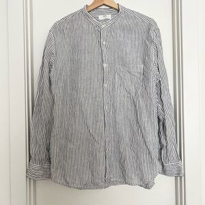 Uniqlo Women's 100% Linen Striped Blouse Shirt Size L White Blue Band Collar